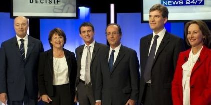 I candidati delle primarie socialiste 2011. Da sinsitra a destra: Jean Michel Bellet,Martine Aubry,Manuel Walls, Francois Hollande, Arnoud Montebourg e Ségoléne Royale